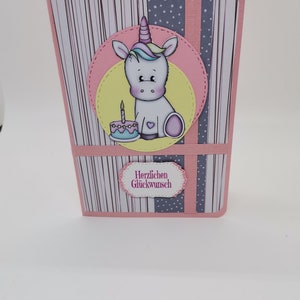 Karte für Kinder zum 1/2/3/4/5/ Geburtstag,Personalisiert ,handgearbeitet,Einhorn mit Kuchen,Rosa für Mädchen