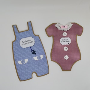 Karte zur Geburt,Taufe,Karte Babybody ,Karte zur Geburt als Latzhose ,Karte zur Geburt blau und pink,Besondere Karte zur Geburt