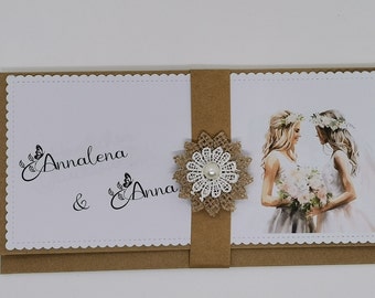 Personalized money gift packaging for a wedding, voucher packaging, same-sex wedding, voucher or banknote, woman & woman