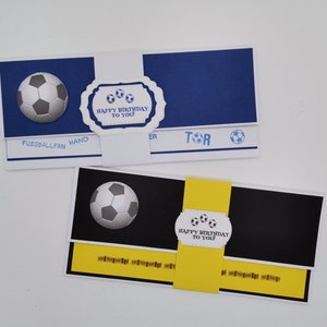 Gutscheinverpackung Fußballticket,Geldgeschenkverpackung,Fußball Fan ,Ticket,Glückwunschkarte,Fußball,schwarz,gelb ,blau,weiß,rot