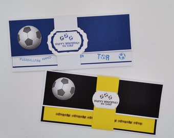 Voucher packaging football ticket, money gift packaging, football fan, ticket, greeting card, football, black, yellow, blue, white, red