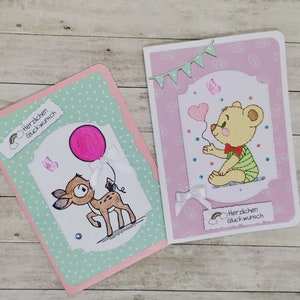 Karte zum Kindergeburtstag,Niedlich mit Rehkitz,Glückwunschkarte mit Name,Teddybär mit Luftballon,Happy Birthday,1,2,3,4,5,6,Einzigartig