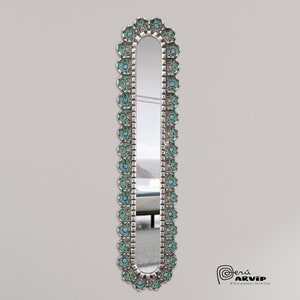 Peruvian long mirror cuscaja column full color, turquoise, red and sand with golden and silver handmade pearls, 83.5 X 19cm (32.9&quot;x7.5&quot;)