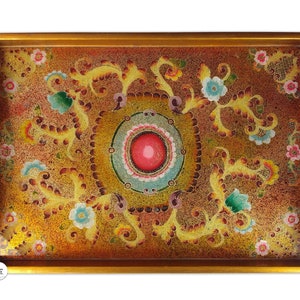 Azafate rectangular, &quot; Medallón antiguo&quot;, Azafate con asa , Vidrio pintado , Bandeja grande decorativa ,