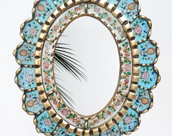 Carlos Ch.-16x12.5" Peruvian mirror with hand-painted flowers and a turquoise background, Peruvian crafts, handmade in Peru