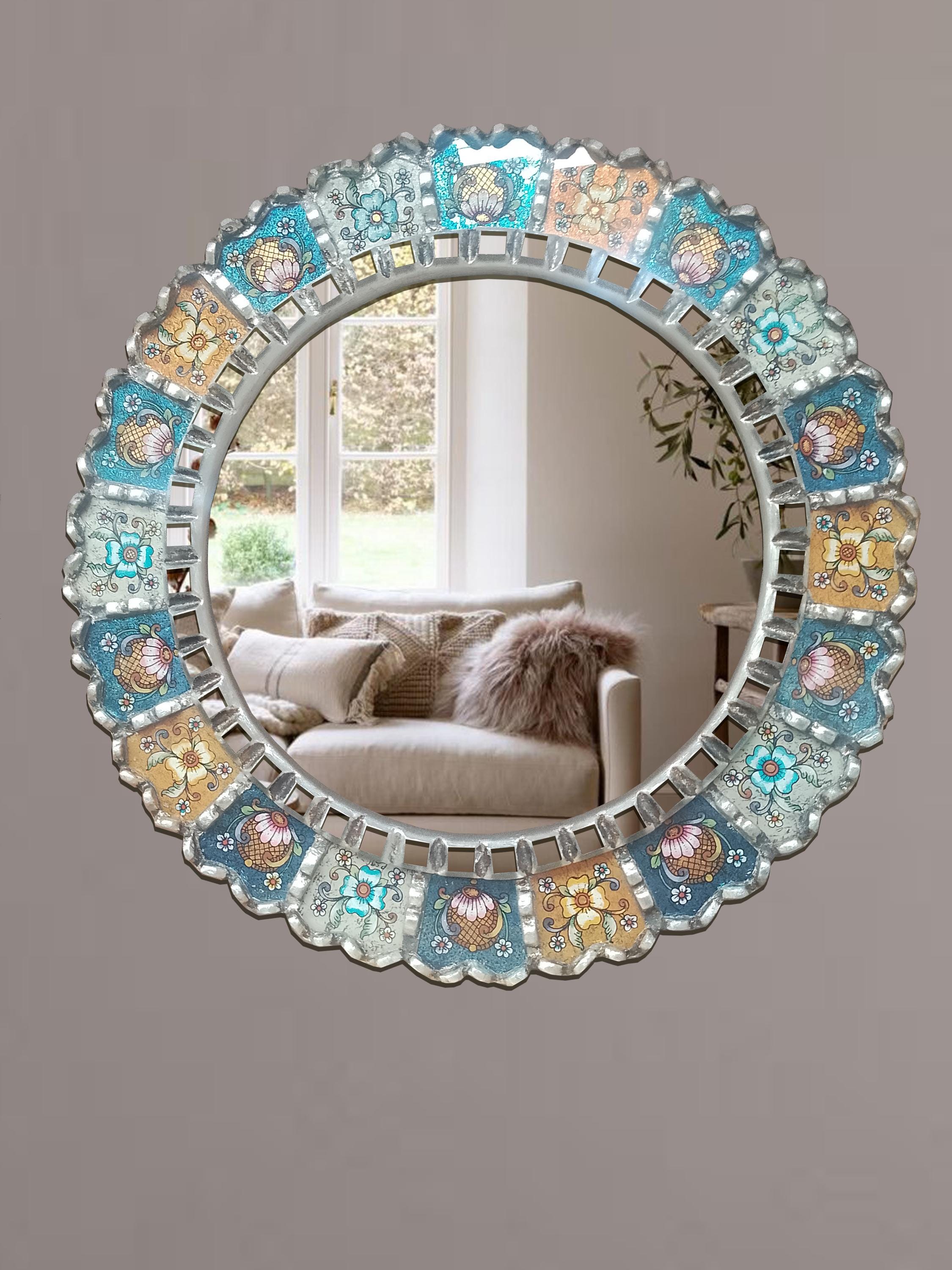 Carlos Ch 17.7"(45cm)Peruvian Round Mirror, Bathroom Mirror, Hall Mirror, Blue Mirror, Accent Mirror, Office Mirror,PeruGift, AndeanMirror