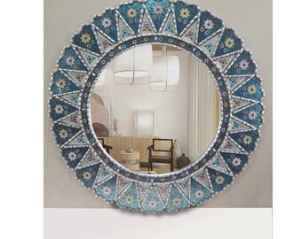 31,4 "Runder blauer dekorativer Spiegel-Home Decor-Peruanische Spiegel-Wandspiegel-Akzent Spiegel-Silber Spiegel-Dekorativer Wandspiegel