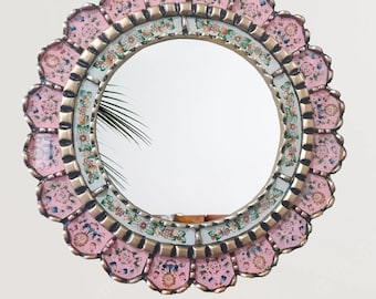 Carlos Ch.-16" Peruvian mirror with hand-painted flowers and a pink background, Peruvian crafts, handmade in Peru