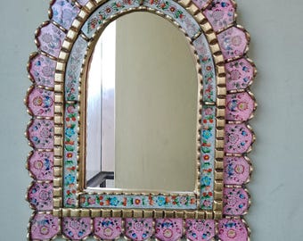 Carlos Ch.- 20"x16" Peruvian Urn Mirror, Pink Mirror, Hall Mirror, Accent Mirror, Office Mirror, Vintage, AndeanMirror