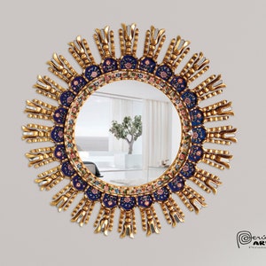 Carlos Ch.-58cm(22.8&quot;)Peruvian Blue Sun Mirror in Gold Leaf Leaves, Cusco Andean Mirror, Peruvian Handicrafts, Sunburst Gold Mirror