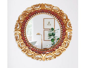 Red mirror carved wooden  31.5"-Golden wall mirror with carved flowers  - Peruvian Mirror