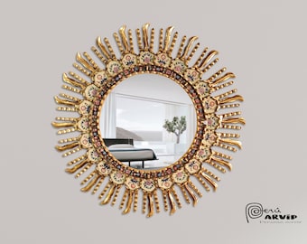 Carlos Ch.- 23&quot;(58cm) Peruvian Circular Mirror with Rays in Gold Leaf, Bathroom Mirror,Sunburst Mirror,Accent Mirror,Living Room Mirror