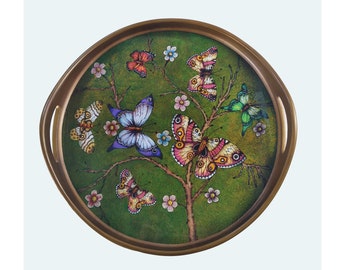Carlos Ch.-16"(40cm)Peruvian Tray, Butterfly Round Decorative Green Tray,Reverse Painted Glass, Drinks Tray, Tray for Events, Marriage