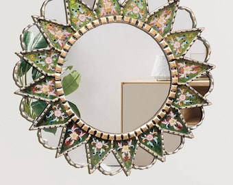 Carlos Ch, 19.7" Peruvian circular mirror flowered in Green with golden pearls handmade by Peruvian artisans.
