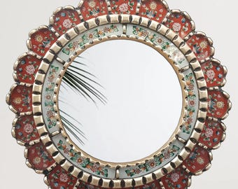 Carlos Ch.-16" Peruvian mirror with hand-painted flowers and a red background, Peruvian crafts, handmade in Peru