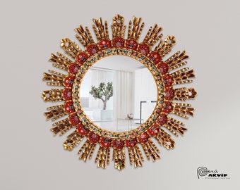 Carlos Ch.- 23"(58cm) Peruvian Red Circular Mirror with Rays in Gold Leaf, Handicaft Mirror,Sunburst Mirror,Accent Mirror,Living Room Mirror