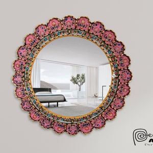 Carlos Ch.-20&quot;(50cm)Peruvian Pink Circular Flower, Pink Wall Mirror Decoration, Pink Gold Mirror, Pink Bathrom, Pink Living Room Mirror