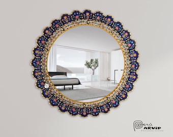 Carlos Ch. 19.7"  Traditional Cuzcaja in Blue- Peruvian Colonial Andean Round Wall Mirror painted on the back of the glass. Handmade in Peru