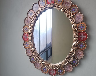 Carlos Ch.- 23.6"x20" Peruvian Oval Mirror, Red Mirror, Hall Mirror, Accent Mirror, Office Mirror, Vintage, AndeanMirror