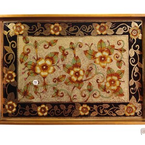 Azafate grande, &quot;Clásico floral&quot;, Modelo con asa, Vidrio pintado, Artesanía peruana