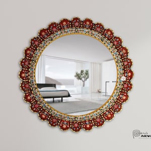 Carlos Ch. 19.7&quot; Traditional Cuzcaja in Wine – Circular Handmade Peruvian Mirror, Accent Mirror for Bedroom, Bathroom, Wall and Living Room