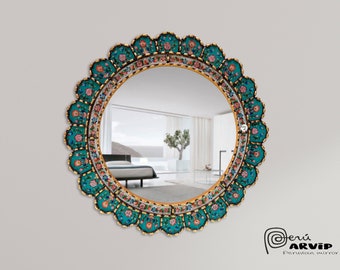 CarlosCh.-19.7"(50cm)Peruvian Mirror Flowered in Turquoise, Bathroom Mirror, Hall Mirror,AndeanMirror, Accent Mirror, Living Room Mirror