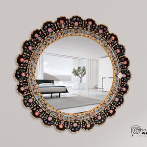 Peruvian Cuscaja Circular Mirror Flowered in Black Color with Gold Pearls Handmade by Peruvian Artisans, 19.7&quot; (50m)Diameter
