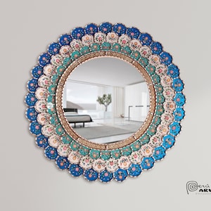 Carlos Ch.- Espejo Peruano Tricolor Floral, Espejo Circular Azul Turquesa para Baño, Sala, Dormitorio, Recibidor, Espejo Andino 31.5"(80cm)
