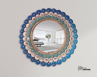 Carlos Ch.- Espejo Peruano Tricolor Floral, Espejo Circular Azul Turquesa para Baño, Sala, Dormitorio, Recibidor, Espejo Andino 31.5&quot;(80cm)