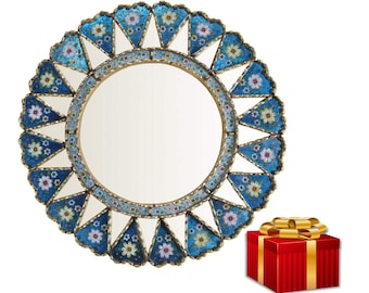 Blue Round Mirror 23.6", Peruvian Wall Mirrors ,Gold mirror ,Wall Mirror Living Room, Bathroom ,Handicrafts ,Gifts