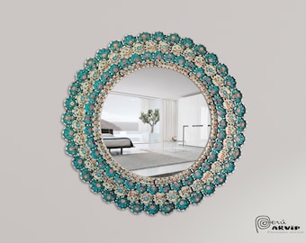 Carlos Ch.-29"(74cm)Peruvian Turquoise Flowers Mirror, Andean round mirror for, Bathroom, Bedroom, Living Room, Hall, Vintage Cuzco Mirror