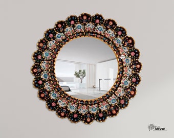 Carlos Ch.-20"(50cm)Peruvian Mirror, Black Flowerest Mirror, Office Mirror, Black Bathroom Mirror,Black Round Mirror,Colonial Antique Mirror