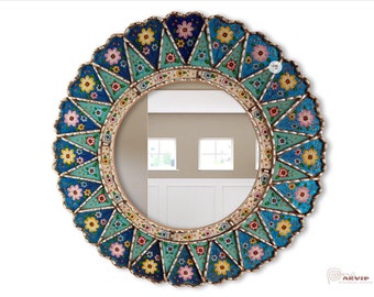 Carlos Ch.-23.6"(60cm)Blue Peruvian Mirror, Multicolor Mirror, Blue Wall Mirror, Turquoise Living Room Mirror, Bathroom Mirror, Hall Mirror