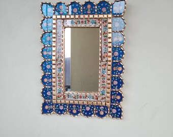 Carlos Ch.-18x13" Peruvian mirror with hand-painted flowers and a blue background, Peruvian crafts, handmade in Peru