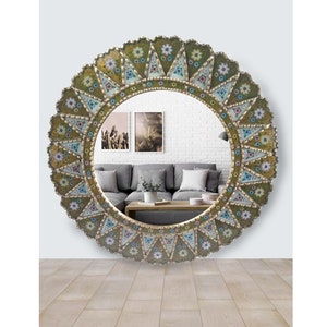 31.4 &quot;Round Green Decorative Mirror-Home Decor-Peruvian Mirror-Decorative wall mirror -Gold mirror