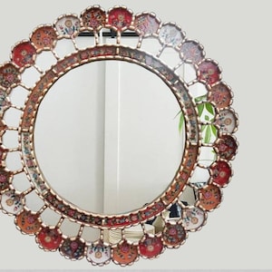 23.6&quot; Peruvian mirror-Decorative wall mirror-Peruvian crafts -Art in glass painted-Colonial mirror-Gold mirror-Colored mirror-Round mirror