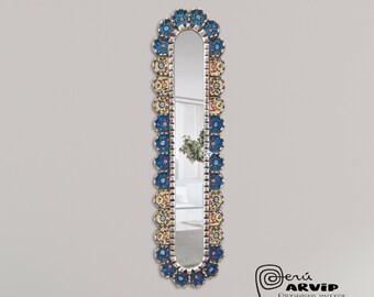 Peruvian long mirror cuscaja column full color, turquoise, red and blue with golden and silver handmade pearls, 73.5 X 19cm (28.9"x7.5")