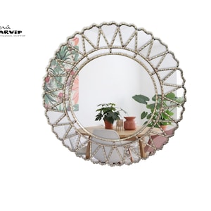 Gold circular mirror, with gold beads in gold leaf. Wall mirror, made by Peruvian artisans (31.49&quot;)