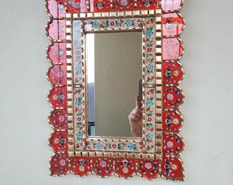 Carlos Ch.-18x13" Peruvian mirror with hand-painted flowers and a red background, Peruvian crafts, handmade in Peru