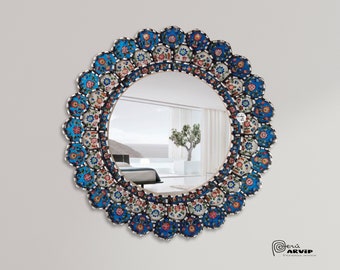 Carlos Ch.- 19.7"(50cm)Peruvian Round Mirror, Bathroom Mirror, Hall Mirror, Blue Mirror, Accent Mirror, Office Mirror,PeruGift, AndeanMirror