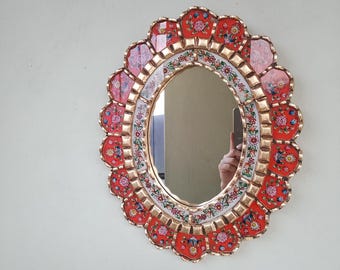 Carlos Ch.-18x15" Peruvian mirror with hand-painted flowers and a red background, Peruvian crafts, handmade in Peru