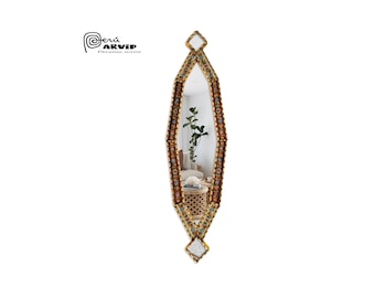 Peruvian column Cuscaja walnut and sand color. Assorted Colors Long Mirror with Handmade Gold Beads, (8.66" x 32.48")