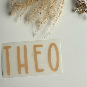 Könnte beinhalten: Ein Aufkleber mit dem Namen "THEO" in hellbrauner, serifenloser Schrift. Die Buchstaben befinden sich auf einem transparenten Hintergrund. Getrocknete Pflanzen sind im Hintergrund.