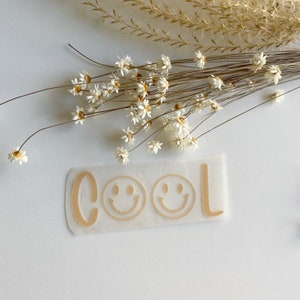 Könnte beinhalten: Ein rechteckiger Aufkleber mit dem Wort COOL in hellbrauner Farbe, bei dem die beiden Buchstaben O durch kreisförmige Smiley-Symbole mit einfachen, linienförmigen Augen und einem geschwungenen Mund auf einer transparenten Trägerfolie ersetzt sind.