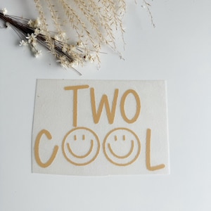Könnte beinhalten: Ein rechteckiger, weißer Aufkleber mit dem goldfarbenen Schriftzug TWO COOL, bei dem die beiden Buchstaben O durch einfache goldfarbene Smiley-Symbole ersetzt sind. Der Aufkleber liegt unter einem Bündel getrockneter weißer Blumen und Gräser.