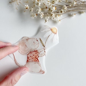Bügelbild Maus mit Blume • Watercolor Illustration • Applikation für Textilien • Bild zum Aufbügeln • Iron Patch Herbst