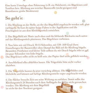 May include: Instructions for applying iron-on patches to clothing. The instructions are written in German and feature a cartoon mouse holding an iron. The text includes the words "Anleitung" and "B&uuml;gelbilder".