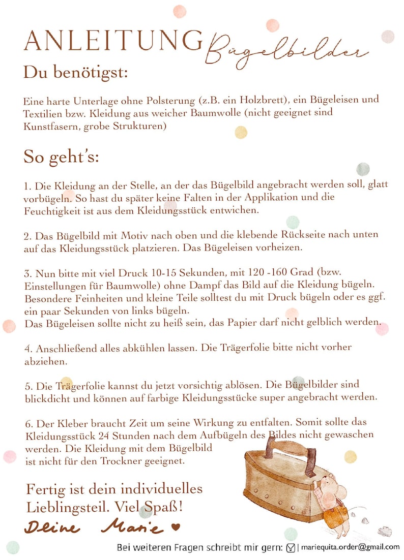 May include: Instructions for applying iron-on patches to clothing. The instructions are written in German and feature a cartoon mouse holding an iron. The text includes the words "Anleitung" and "B&uuml;gelbilder".