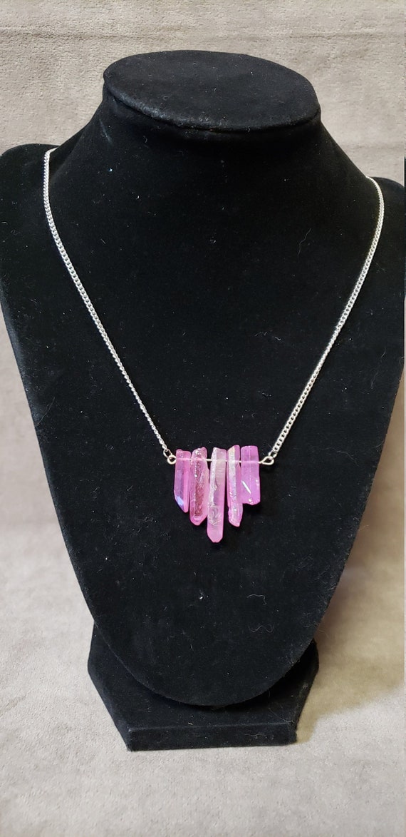 Pale Pink Fire Burned 5 Quartz Tiered Necklace - Pink Fire Quartz Pendant Pale Pink Fire Burned 5 Quartz Tiered Necklace - Pink Fire Quartz Pendant