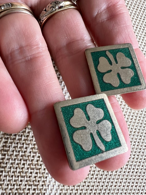 VTG green & silver 4-leaf clover lucky cuff links